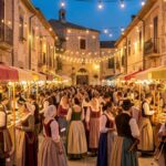 Borgo pittoresco con ristoranti tipici e piatti della tradizione italiana.