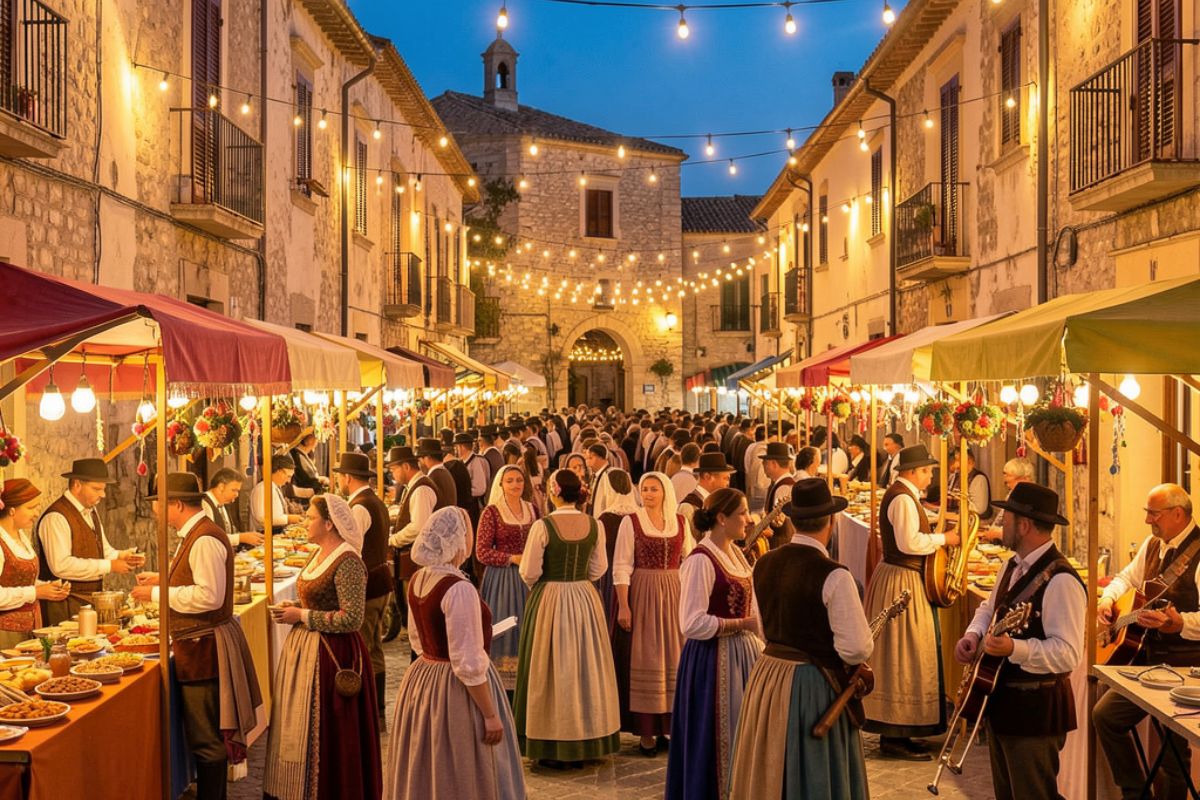Borgo pittoresco con ristoranti tipici e piatti della tradizione italiana.