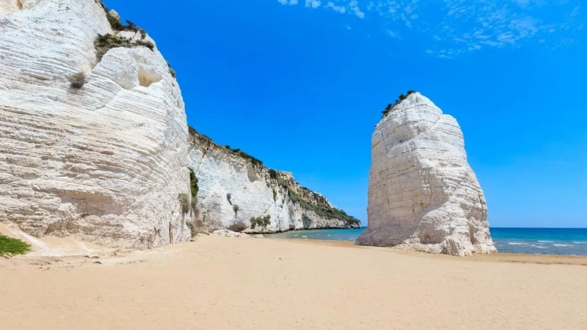 Spiaggia segreta in Puglia con sabbia dorata e acque cristalline, circondata da scogliere e vegetazione.